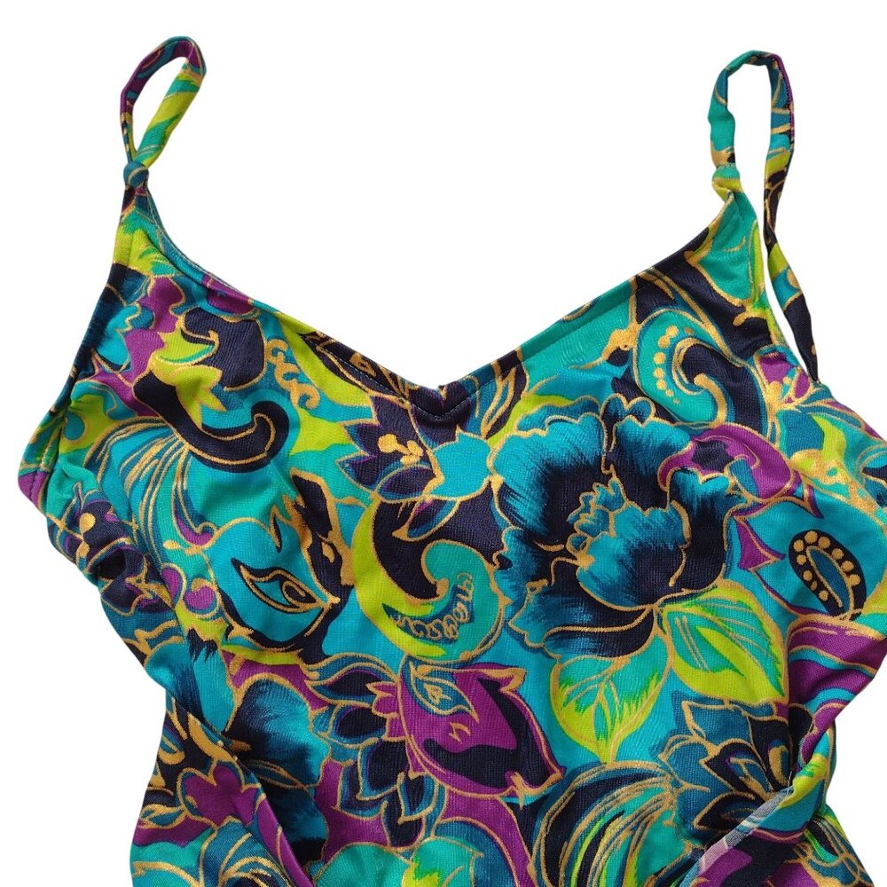 Vintage 980s 90s Jantzen Swimsuit M L Bright Jewel Tone Metallic One Piece 16 - Picture 3 of 9